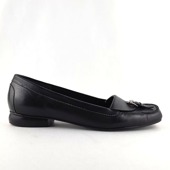 Naturalizer Shoes - Naturalizer Ophelia Black Flat Leather Slip On Shoes White  Stitch Square Toe 7M